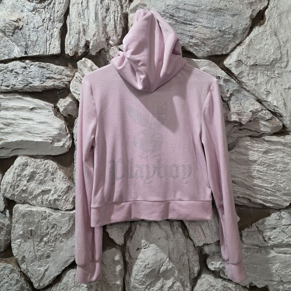 Playboy Bunny Pink Velour Crop Hoodie Full Zip Rhinestone Logo Women’s M Y2K
